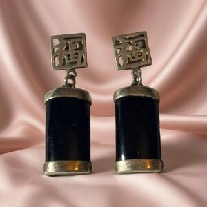 Vintage Sterling Silver Black Onyx Drop Earrings, Asian Good Luck Symbol,